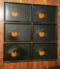 Lot of 6  Otagiri Lacquerware Black Handpainted Tray-OMC-Japan Apples 5 x 7.5