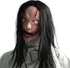 Slit-Mouthed Ghost Scary Adult Mask with Wig, White Eyed Undead Horror Creepy Lo picture