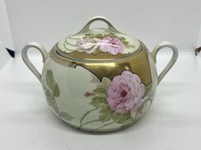 Vintage PSAG Bavaria Hand Painted Biscuit Jar Soft Pink White Roses & Lid picture