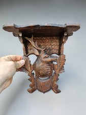 Antique 1920 black forest wood carving stag head antlers wall console bracket picture