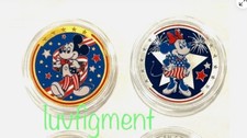 Disney 2 Colored Medallion Coins Happy 250th Mickey Minnie Independence Day 2026 picture