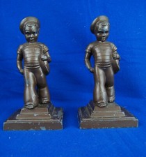 1930s VINTAGE PAIR METAL ART DECO SAILOR BOY WITH TOY SAILBOAT BOOKENDS picture