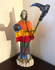 29in Santa muerte Grim Reaper Fantasy Statue Figurine w/ Scythe, Globe, Skull picture