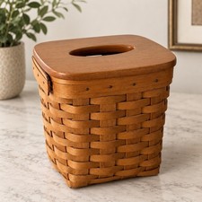 Longaberger Vintage Wooden Woven Tissue Box Cover Basket Holder picture