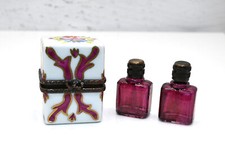 Vintage Trinket Box Peint Main Limoges 2 Purple Glass Perfume Bottles Signed JD picture