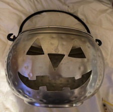 LARGE GALVANIZED JACK-O-LANTERN HAMMERED METAL PUMPKIN CANDLE VESSEL. 12