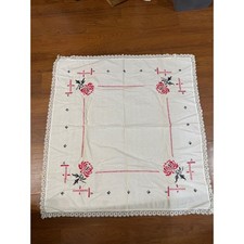 Vintage Cross Stitch Red Rose Square Tablecloth White Lace Trim Cottagecore picture