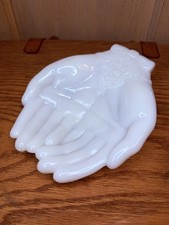 Vintage White Milk Glass Avon Open Hands Dish Trinket Jewelry Praying picture