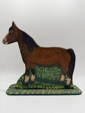 Vintage 1989 Menno Shirk Folk Art Wood Carved Brown Horse 9.5” w/ Signed Base picture
