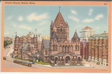 Boston MA postcard - Trinity Church - trollies 1930s 1940s linen picture