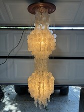 Vintage 1960s-1970s Capiz Shell 2-Tier Chandelier Hanging Lamp 4ft MCM picture