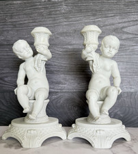 Vintage White Porcelain Cherub Candlesticks Pair Putti Candle Holders Figural picture
