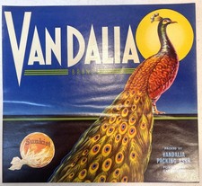 Vintage Original Vandalia Brand Sunkist Oranges Fruit Crate Label Peacock picture