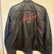 Harley-Davidson Black Leather Jacket w/ Harley Script Back & HD Logo Patch picture