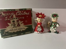 Vintage 1956 Napco Christmas Holly Tree Boy & Poinsettia Angel S&P Shakers picture
