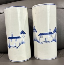 2 Vintage Portuguese Village Delft Style Blue White Hand Painted Ceramic Vase picture