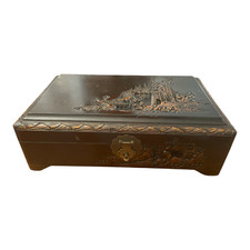 Vtg Chinese Handcarved Relief Camphorwood Mirrored Keepsake Jewelry Chest 14