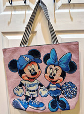 Disney Mickey & Minnie Dodgers Baseball XL Tote Bag Pink Blue Zipper Carryall picture