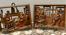 Vintage 1960s Carved Burwood Relief 3D Wall Plaques Set of 2 Colonial Life picture