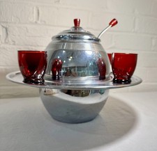 1930s Lehman Bros Saturn Art Deco Chrome Punch Bowl Set Red Bakelite Ruby Glass picture