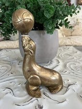 Vintage Solid Tall Brass Seal Lion Seal With Ball Figurine 8