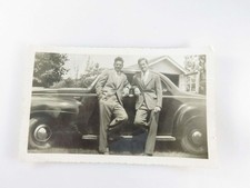 2 Well Dressed Young Men and a 1940's Plymouth Hard Top Coupe 5 3/4 x 3 1/2 picture