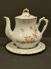Mary Lou Goertzen Roses & Butterfly Porcelain TeaPot with Plate Stand Signed 198 picture