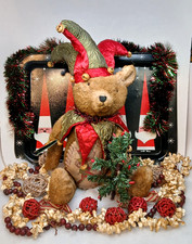 Rare VTG Bethany Lowe Christmas Bear Court Jester Red Green Hat & Collar & Tree picture