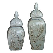 Set of 2 Classic Light Green Porcelain Floral Square Jars Vases, China Ming S... picture