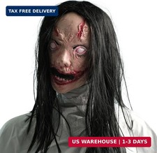 Slit-Mouthed Woman Ghost Scary Mask with Wig, White Eyed Undead Horror Creepy Lo picture