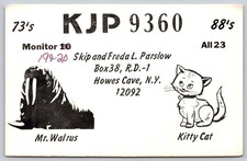 Vintage Howes Cave NY Ham Radio QSL Card KJP 9360 Mr. Walrus Kitty Cat B179 picture