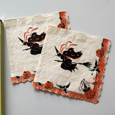 2 Vtg Halloween crepe Napkins 1950s? Never used  orange black witch pumpkin bats picture