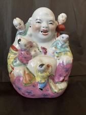 Vintage Hand Painted Ceramic Asian Chinese Buddha with Children. Bright Colors picture