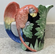 VTG 1986 FITZ & FLOYD Hand Painted Ceramic Tropical Parrot Pitcher 1.5 QT picture