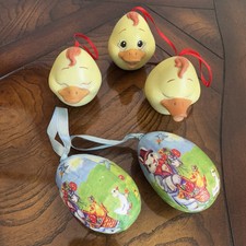 VTG Easter Yellow Ceramic Ducks Paper Mache Eggs Ornaments Lot Of 5 Spring Color picture