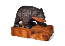 Vintage Japanese Carved Wood Ainu Bear with Salmon Hokkaido Folk Art Kibori Kuma picture