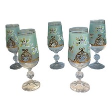 VTG Green Frosted Glass Artisan Goblets 3D Flower -Set Of 5 Hand-Painted picture