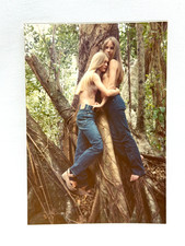 1970's 2 Women Topless Embracing in Forest Blue Jeans Color Vintage Photo picture