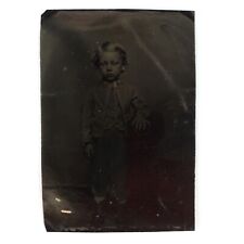 Small Boy Looking Down Tintype c1870 Antique 1/6 Plate Child Chair Photo A3123 picture