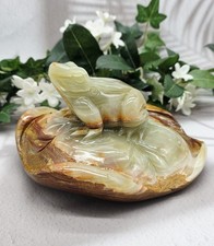Large Afghan Jade Frog on Leaf Carving, 4 lb Hand Carved Stone Frog Garden Patio picture