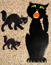 Vintage Lot of 3 Black Cats, Beistle Diecut Door/Wall Halloween Decor, 1940s? picture