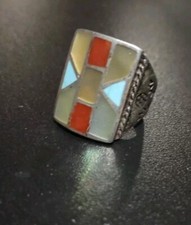 Zuni Silver Turquoise Coral MOP Channel Inlay Ring Antique Native American picture
