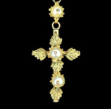 Antique Pearls 10k Yellow Gold Decorated Cross Pendant on Chain Estate Floral picture