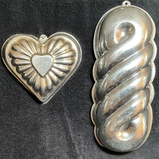 2x-VTG Silver-Toned Jello/Cake Molds or Hanging Wall Decor-Loaf & Heart Patterns picture