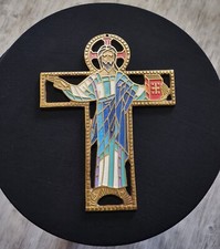 RARE Older Contemporary Altar Cross, Corpus, Crucifix BRONZE Handpainted ISRAEL picture