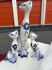 Vintage Long Neck Hand Painted Floral Cats Figurine Blue White 5”,6”,13” Tall picture