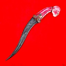 Vintage Indo-Persian Mughal Islamic Jeweled Crystal Gold Damascus Pesh-Kabz Kard picture
