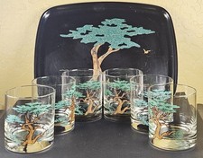 Vintage Couroc Monterey Cypress Tree Tray 6 Glasses Barware Set MCM picture