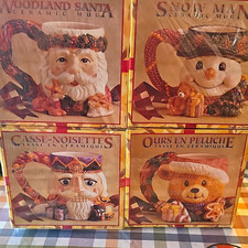 Hand Painted Ceramic 4pc Christmas Figural Mug Set Santa Snowman Nutcracker picture