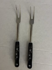 2 Vintage Atomic Starburst EKCO Meat Fork Black Handle Carving Stainless Steel picture